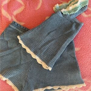 Blue Knit Tank and Shorts Set with Lace Trim